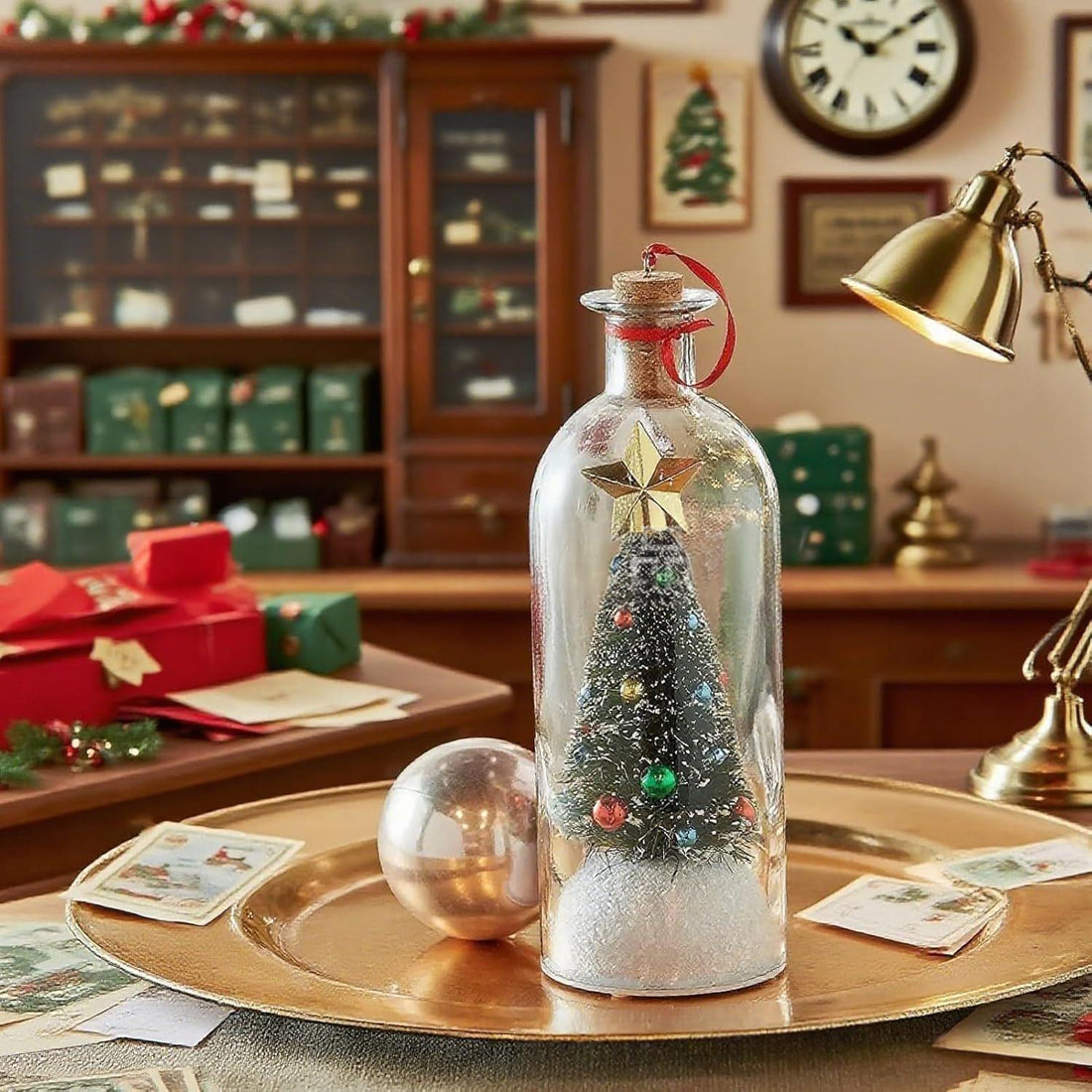 The Forever Tree bottle on a brass tray surrounded by wrapped Christmas gifts and cards