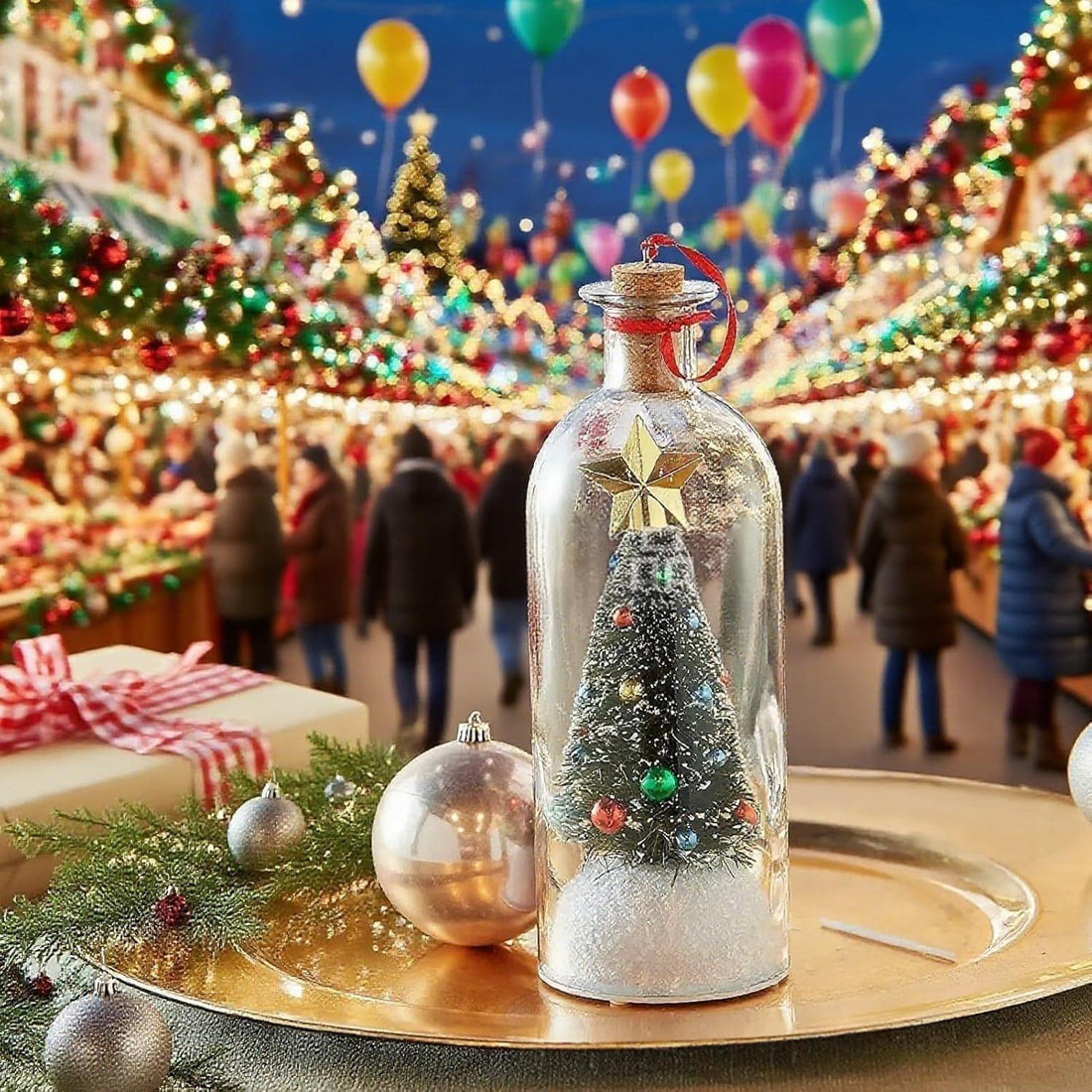 The Forever Tree bottle at a Christmas market, decorated tree and gold star visible through the glass