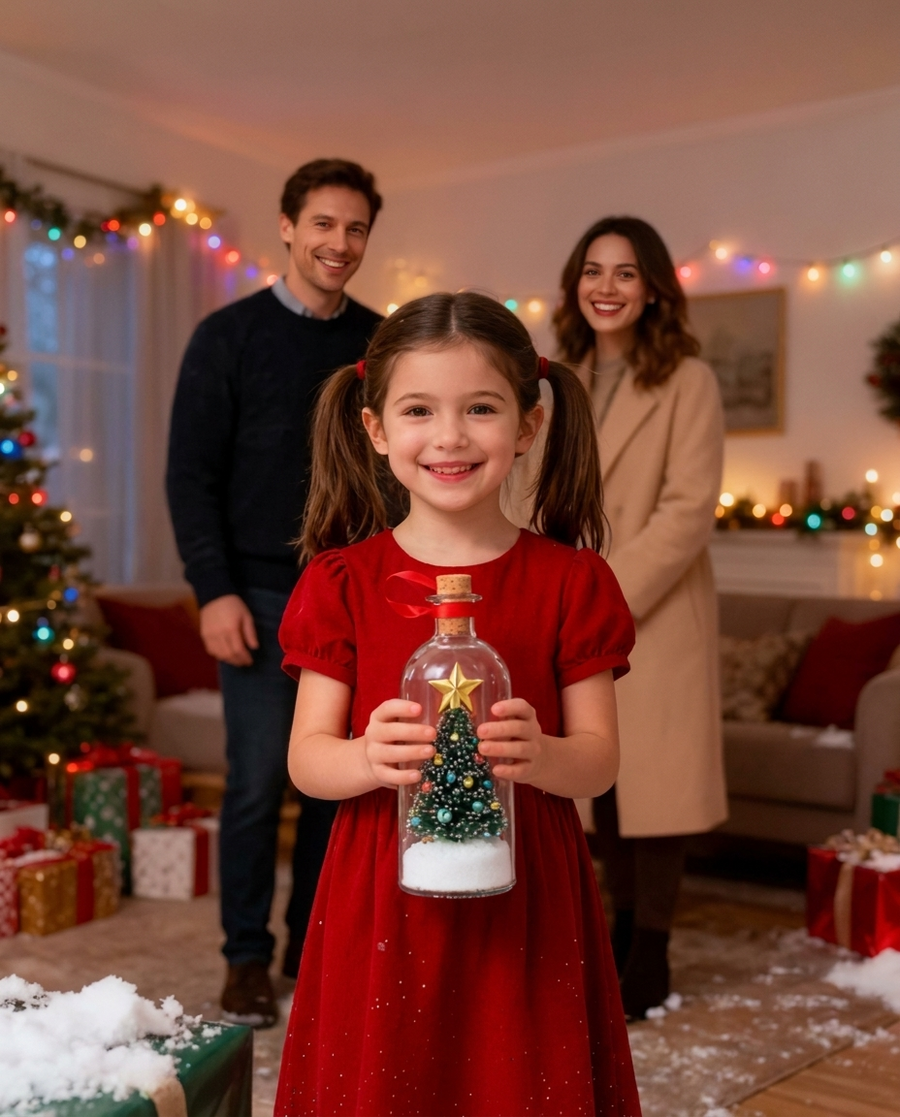 The Forever Tree bottle on a brass tray surrounded by wrapped Christmas gifts and cards