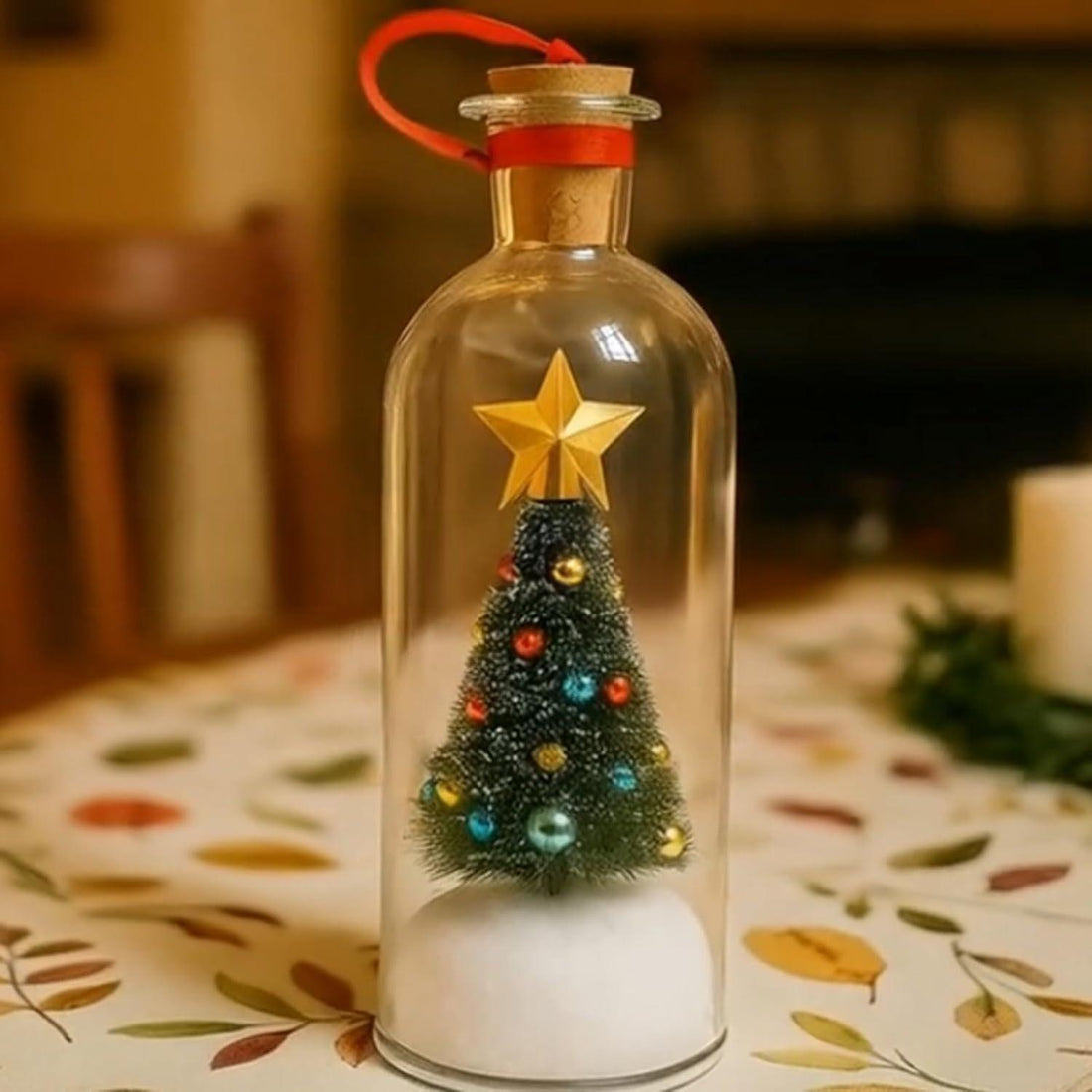The miniature decorated tree and gold star seen through the clear glass bottle